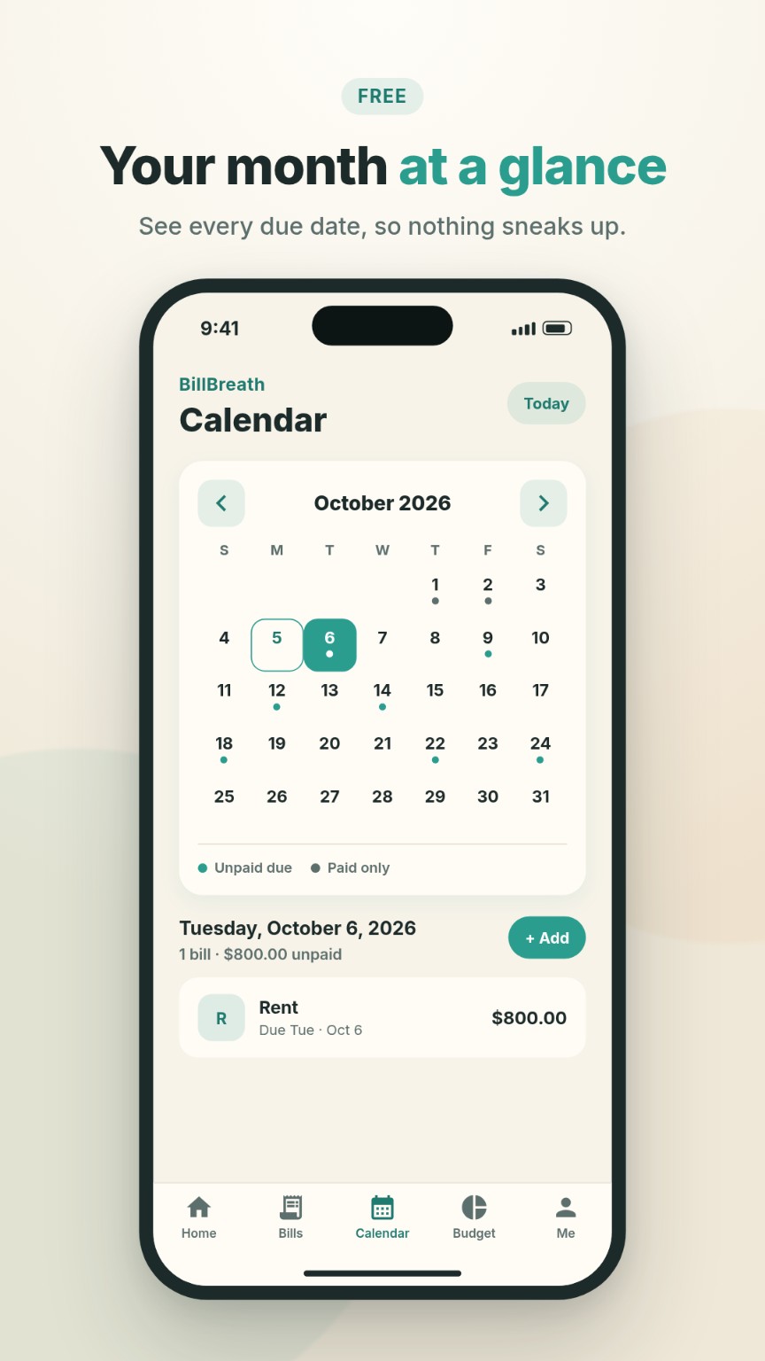BillBreath monthly due-date calendar