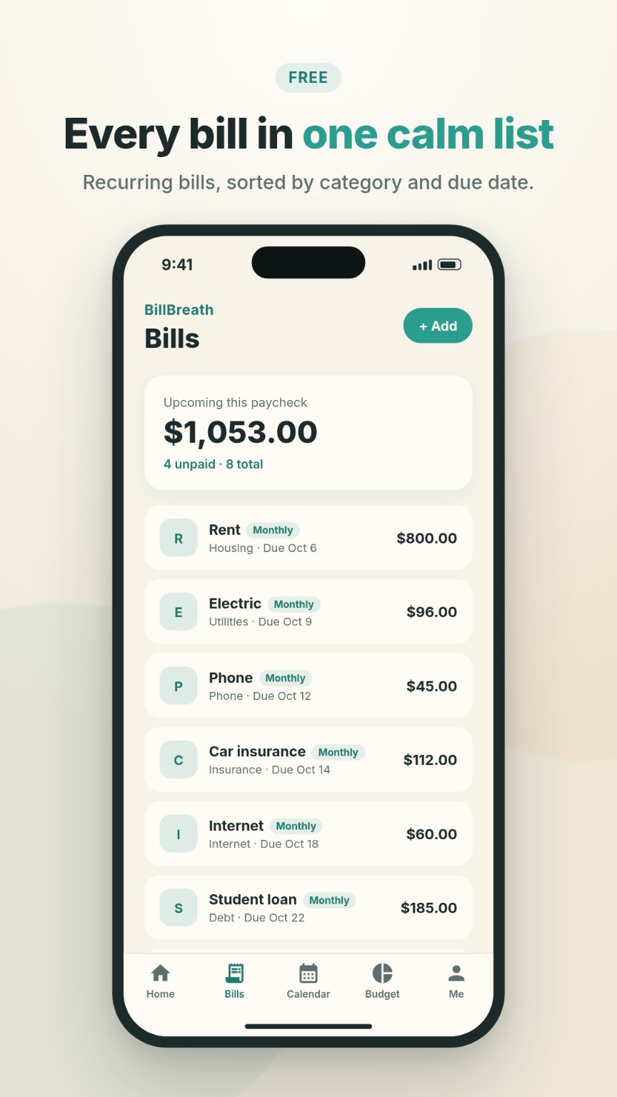 BillBreath recurring bill list